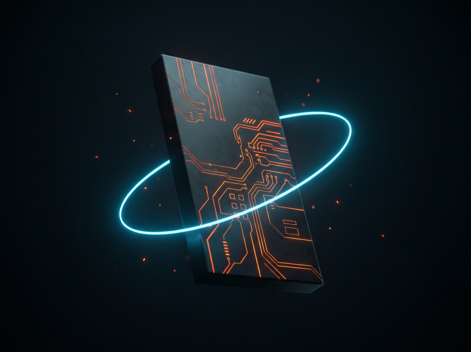Abstract AI operating core with orange circuit veins and a cyan data ring