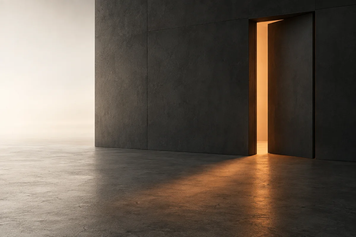 An open doorway with warm light falling across a studio floor